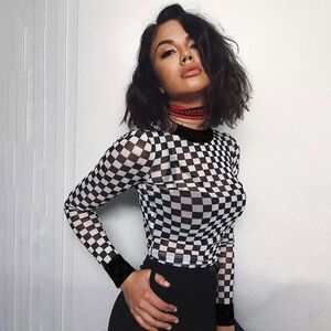 long sleeve crop top checkered bodysuit- nwot